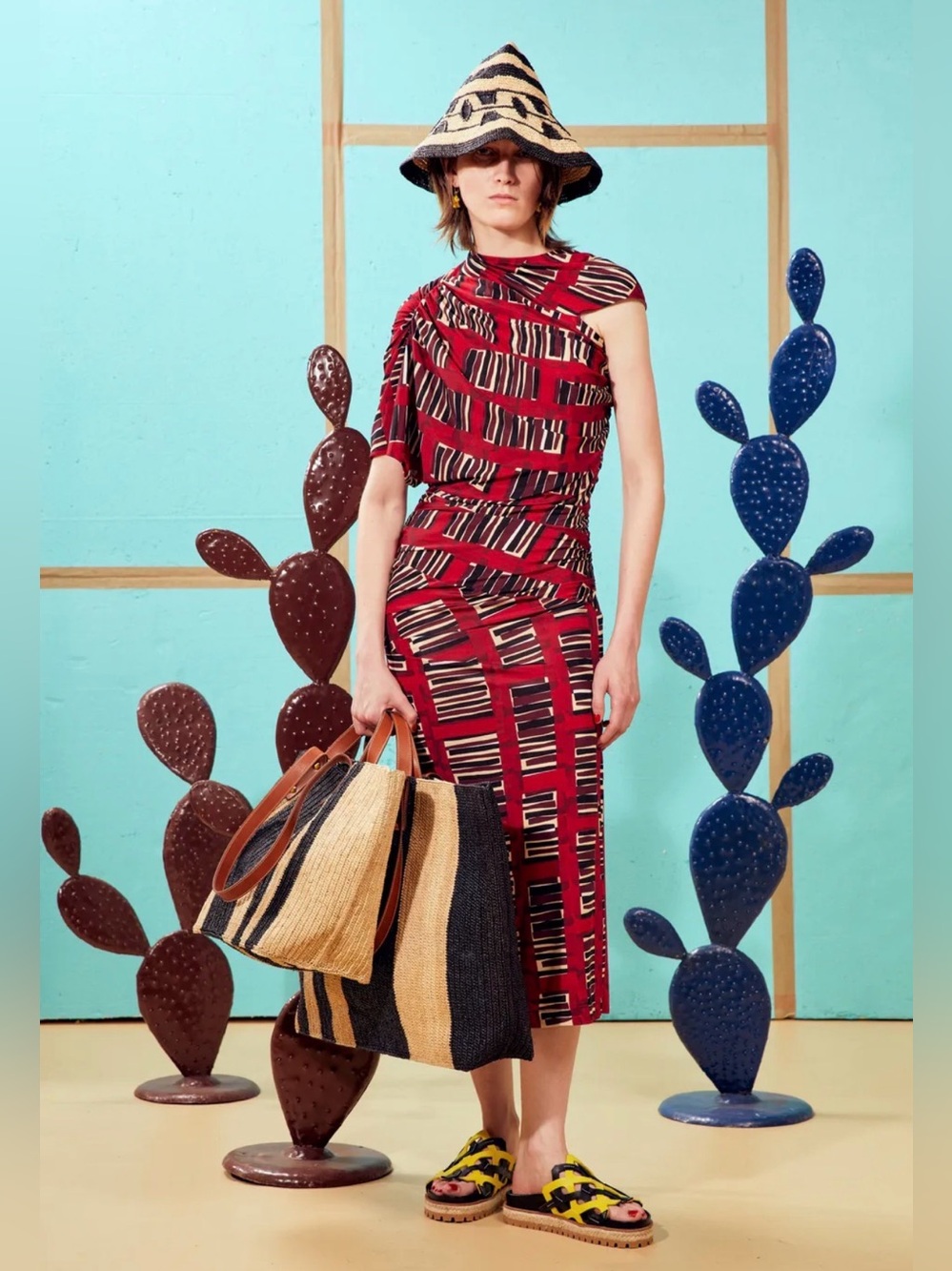 Colville | Asymmetrical ruched midi dress Women’s size M abstract Vogue designer